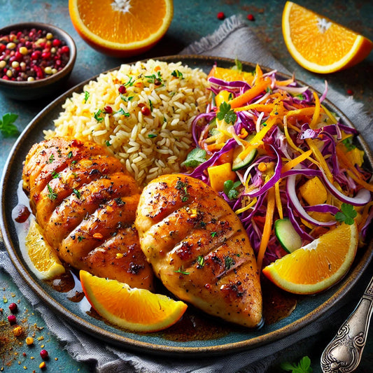 Orange Marinated Chicken with Fragrant Brown Rice and Rainbow Slaw