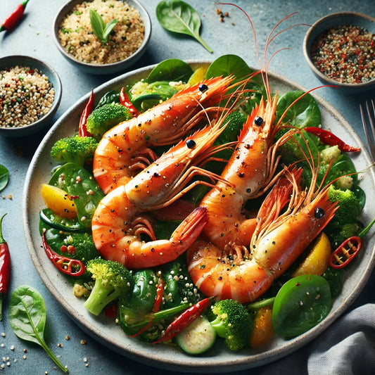 Pan Seared Chilli King Prawns with Green Vegetable Salad & Quiona